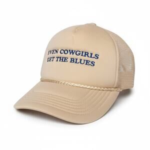 Even Cowgirls Get the Blues Communal Cowboy Austin TX Tan Mesh Trucker Hat Cap